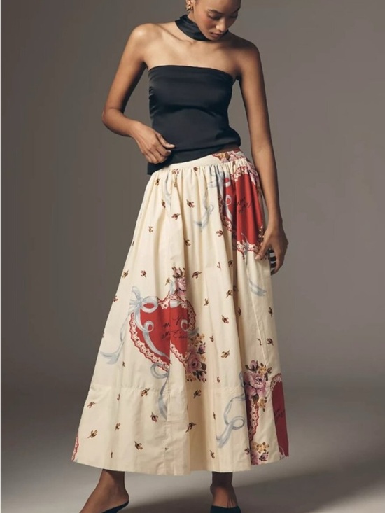 Maeve Dresses & Skirts - Maeve Cream Maxi Skirt with Red Heart and Pink Rose Print 2X Anthropologie